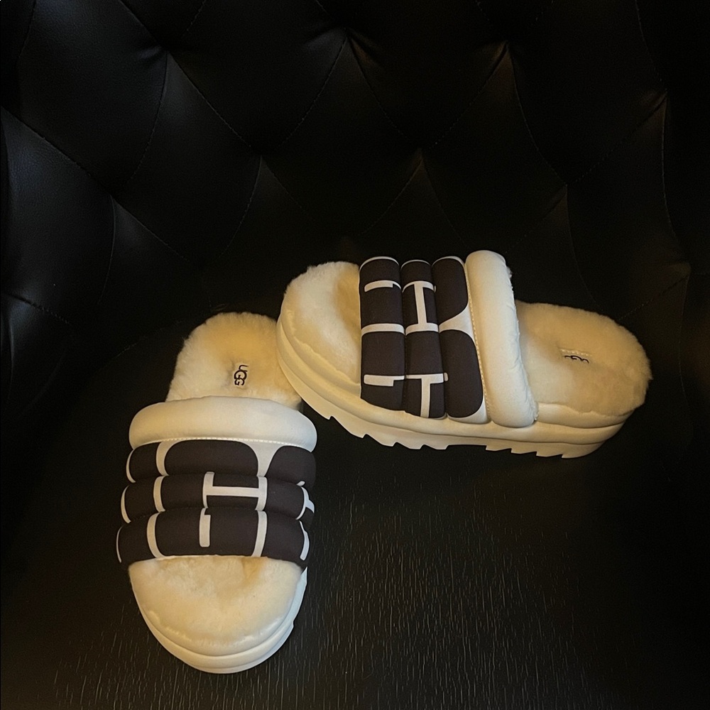 UGG Black and white Plush Slide Brand New Without Box